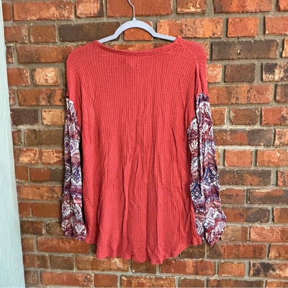 Cupio womens waffle knit mixed media sleeve top orange large - Picture 4 of 4